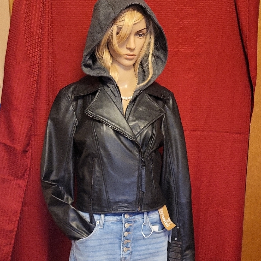 Bod & Christensen Black Lamb Leather Cropped Dickey Jacket Dark Gray Insert New!